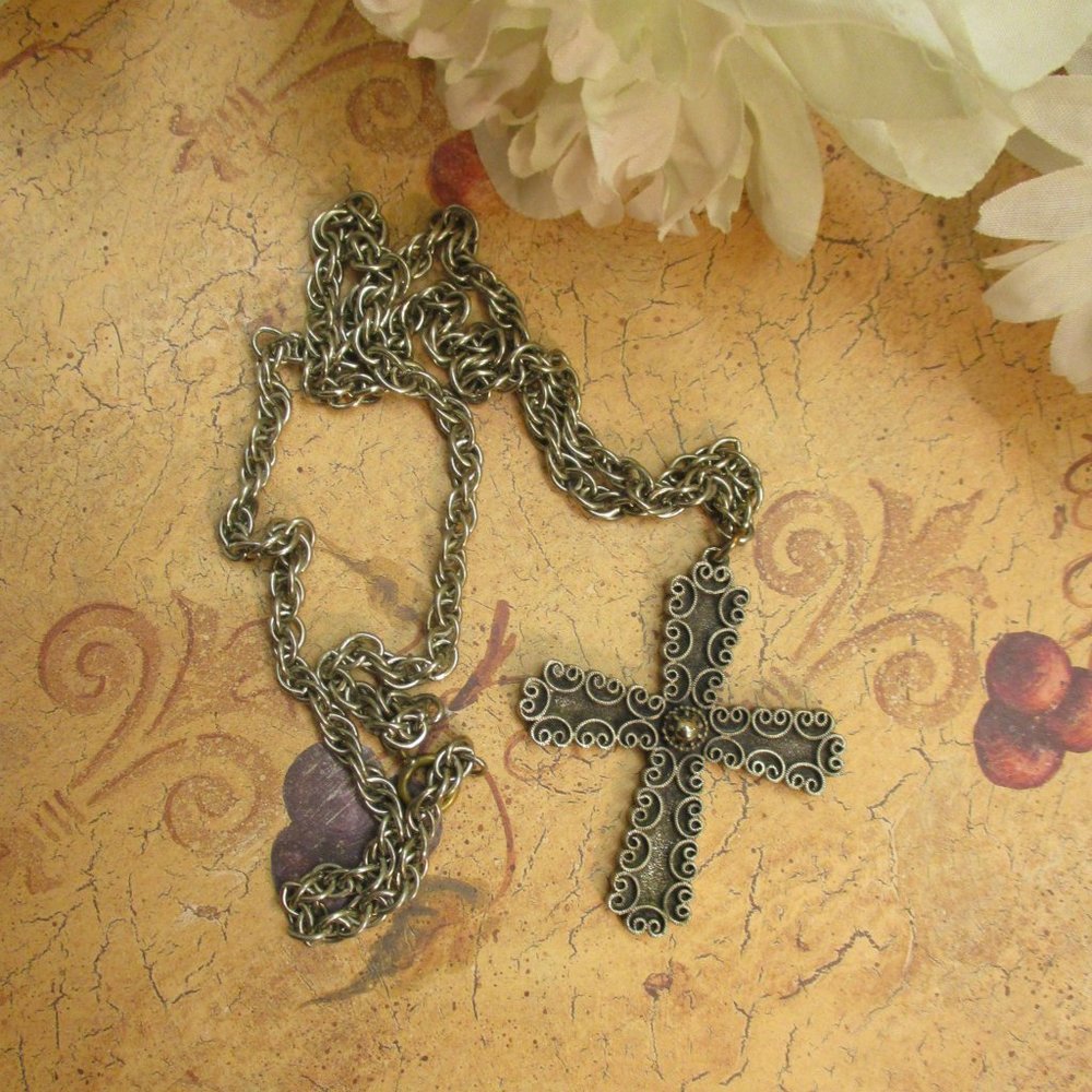 TORTOLANI Sterling Wash Cross Pendant Necklace~Medieval Style Unisex Cross